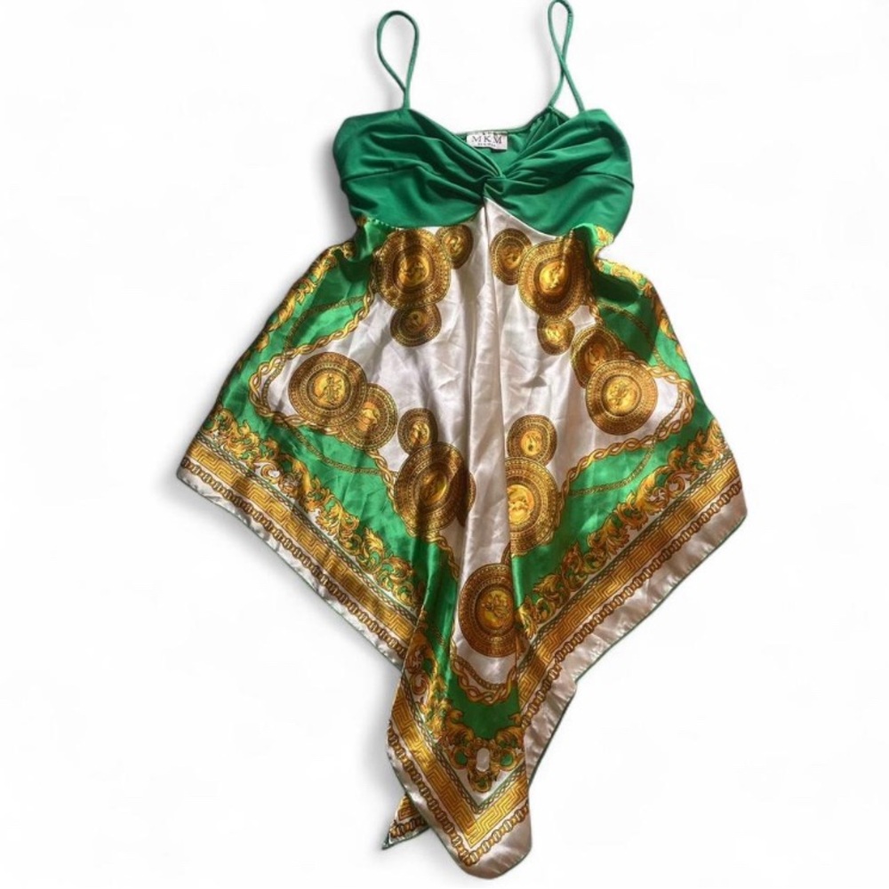 Y2K Green, Gold, and White Satin Scarf Tank Top